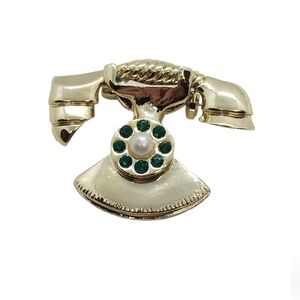 GERRYS VINTAGE GOLDTONED & GREEN RHINESTONE RETRO PHONE PIN